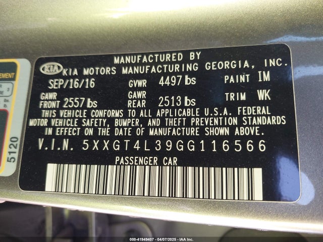 5XXGT4L39GG116566 KIA Optima Lx