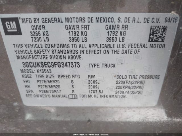 3GCUKSEC9FG347373 Chevrolet Silverado 1500 1lz