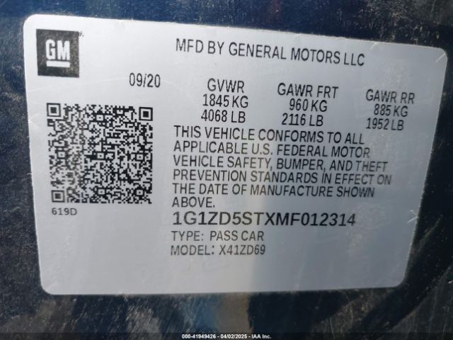 1G1ZD5STXMF012314 Chevrolet Malibu Fwd Lt