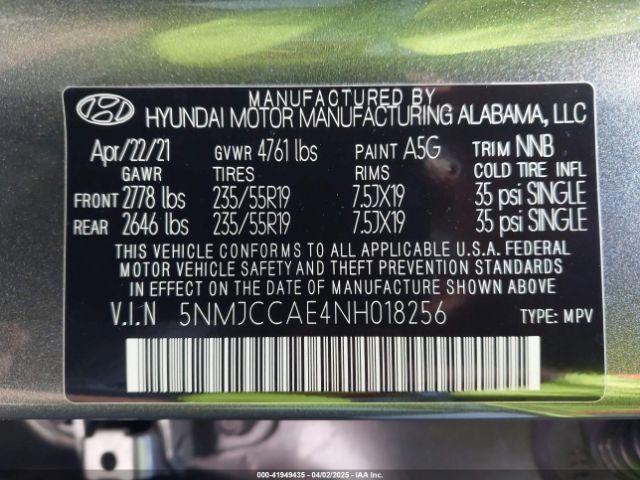 5NMJCCAE4NH018256 Hyundai TUCSON SEL