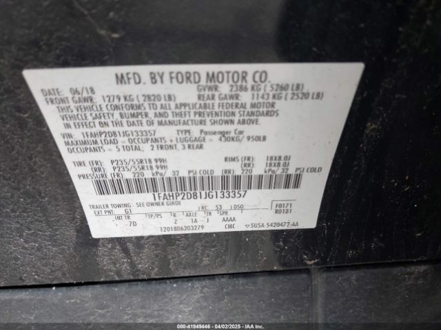 1FAHP2D81JG133357 Ford TAURUS SE
