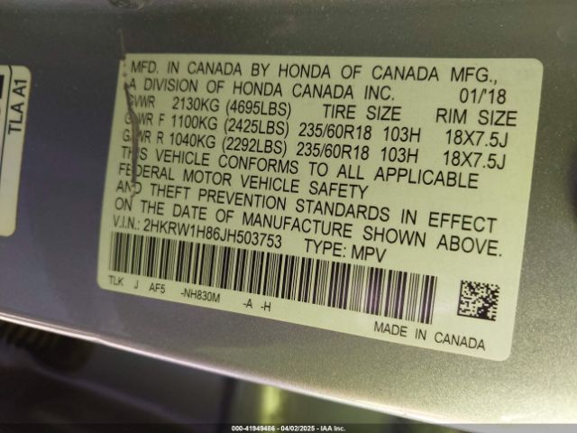 2HKRW1H86JH503753 Honda Cr-v Ex-l/ex-l Navi