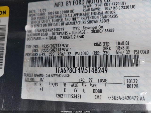 1FA6P8CF4M5148249 Ford Mustang Gt Premium Fastback