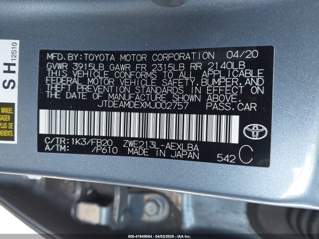 Toyota Corolla Hybrid Le 2021 JTDEAMDEXMJ002757 Image 9