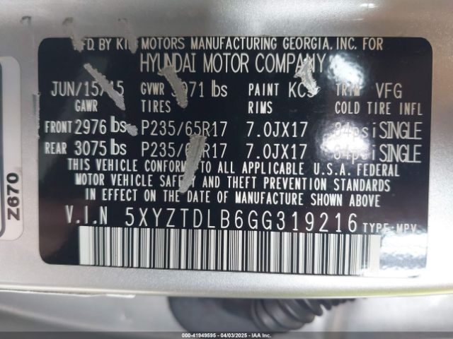 5XYZTDLB6GG319216 Hyundai Santa Fe Sport 2.4l