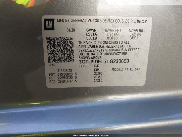 3GTU9DEL7LG230653 GMC Sierra 1500 4wd  Short Box Slt
