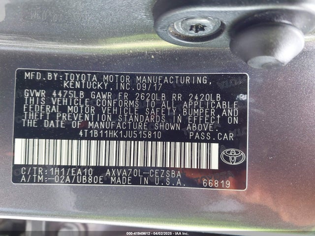 4T1B11HK1JU515810 Toyota CAMRY SE