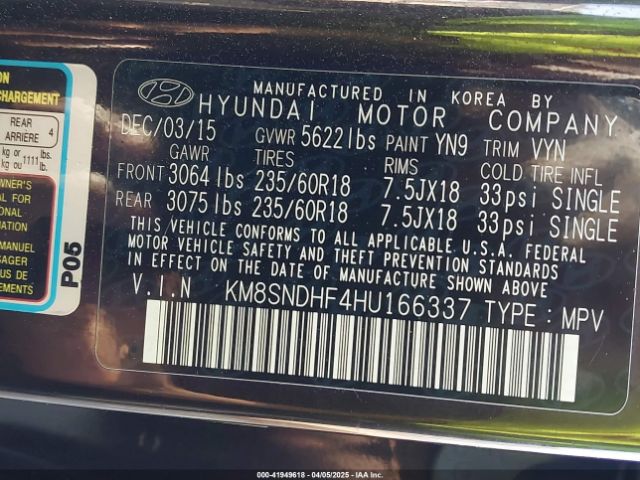 KM8SNDHF4HU166337 Hyundai Santa Fe Limited