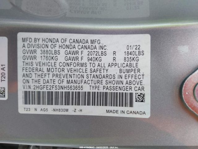 2HGFE2F53NH563655 Honda Civic Sport