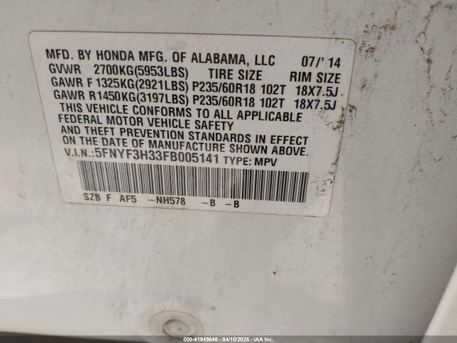 5FNYF3H33FB005141 Honda PILOT SE