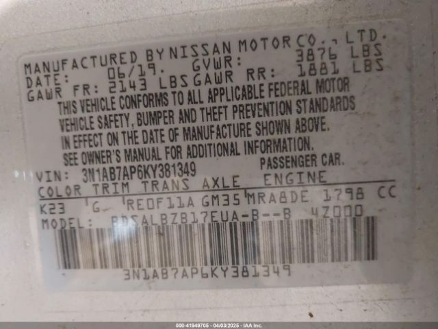 3N1AB7AP6KY381349 Nissan SENTRA S