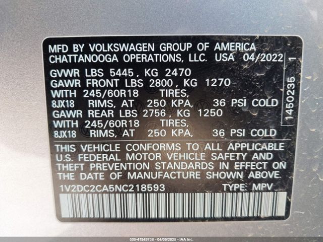 2022 VOLKSWAGEN ATLAS CROSS SPORT 1V2DC2CA5NC218593 Photo 8