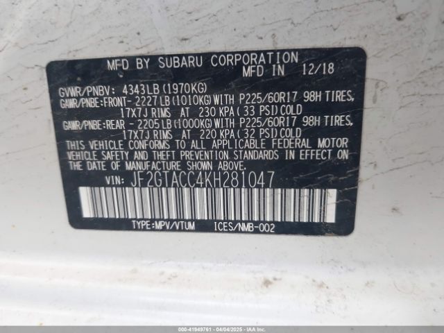 JF2GTACC4KH281047 Subaru Crosstrek 2.0i Premium