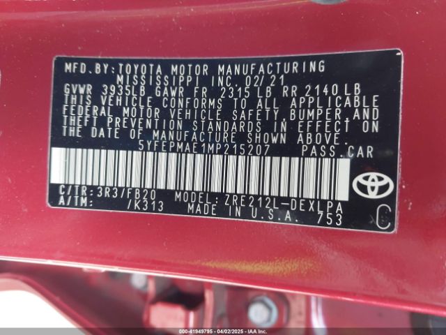 5YFEPMAE1MP215207 Toyota COROLLA LE