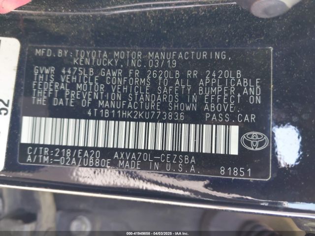 4T1B11HK2KU773836 Toyota CAMRY SE