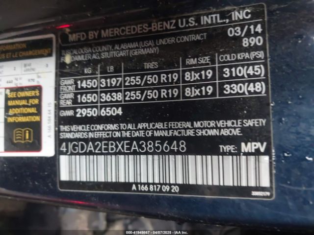 4JGDA2EBXEA385648 Mercedes-Benz Ml 350 Bluetec 4matic