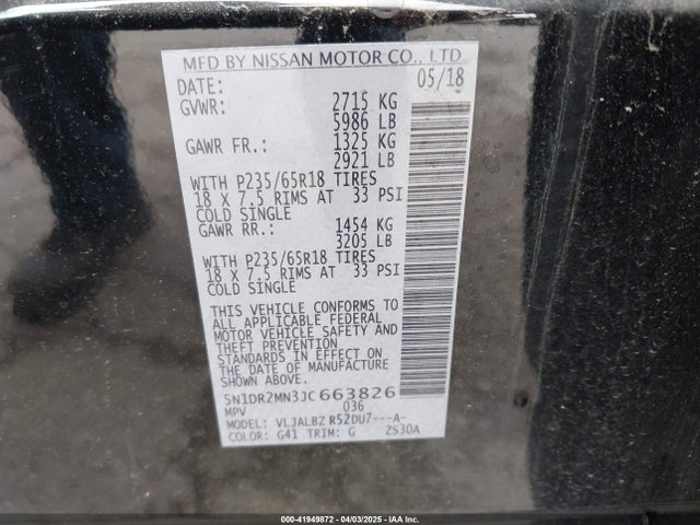 5N1DR2MN3JC663826 Nissan Pathfinder S