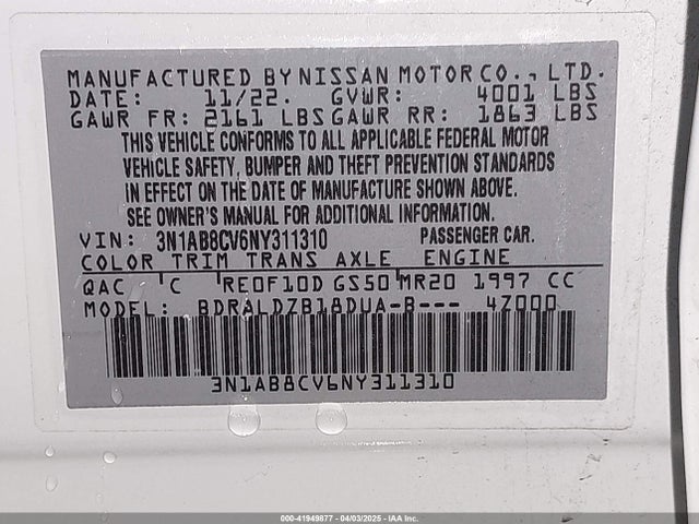 3N1AB8CV6NY311310 Nissan Sentra Sv Xtronic Cvt