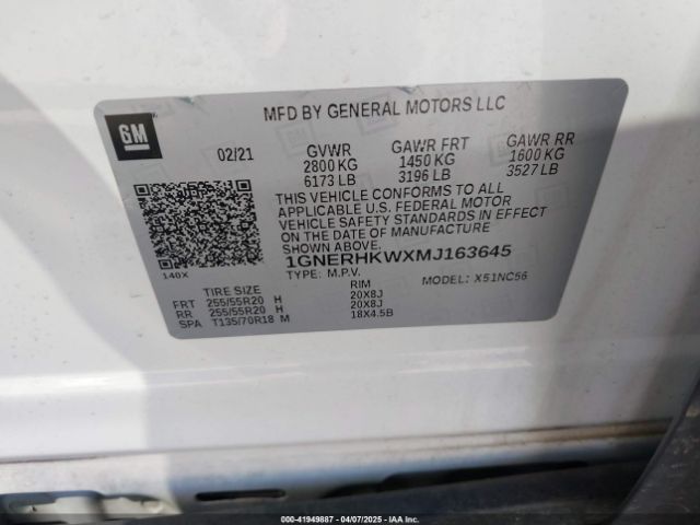1GNERHKWXMJ163645 Chevrolet Traverse Fwd Lt Leather