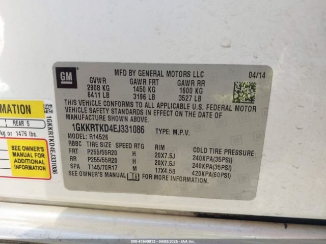 1GKKRTKD4EJ331086 GMC Acadia Denali
