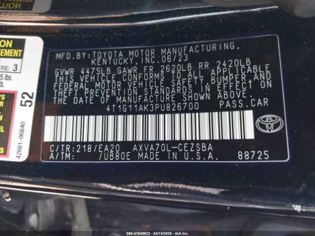 4T1G11AK3PU826700 Toyota CAMRY SE