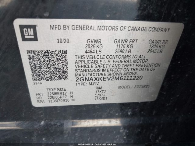 2GNAXKEV2M6111220 Chevrolet Equinox Fwd Lt