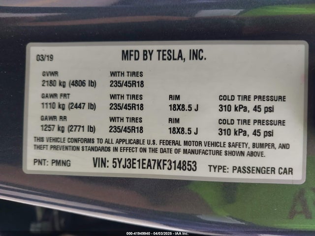 Tesla MODEL 3 2019 5YJ3E1EA7KF314853 Image 8