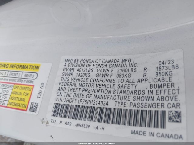 2HGFE1F78PH314024 Honda Civic Ex /ex W/o Bsi