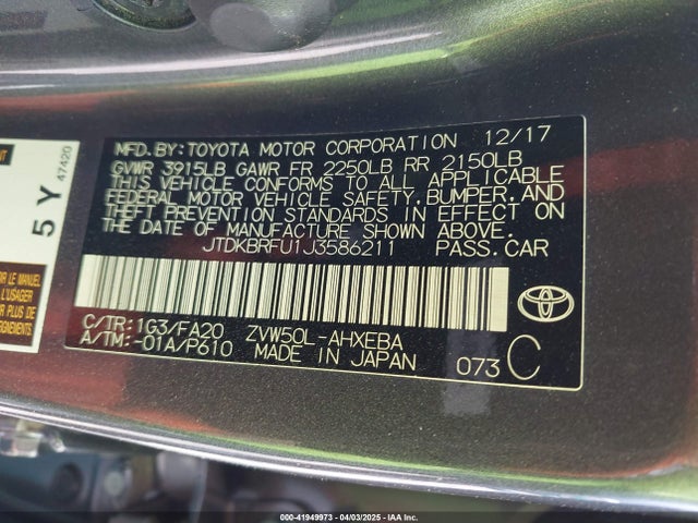 JTDKBRFU1J3586211 Toyota Prius Two