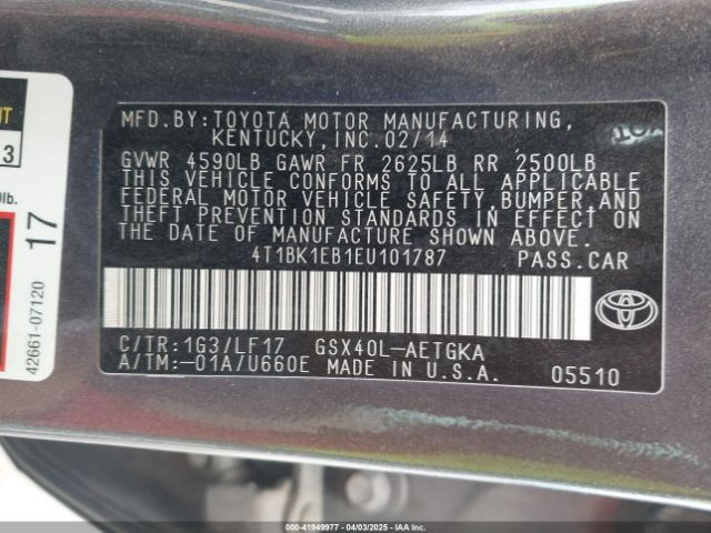 4T1BK1EB1EU101787 Toyota Avalon Xle Premium