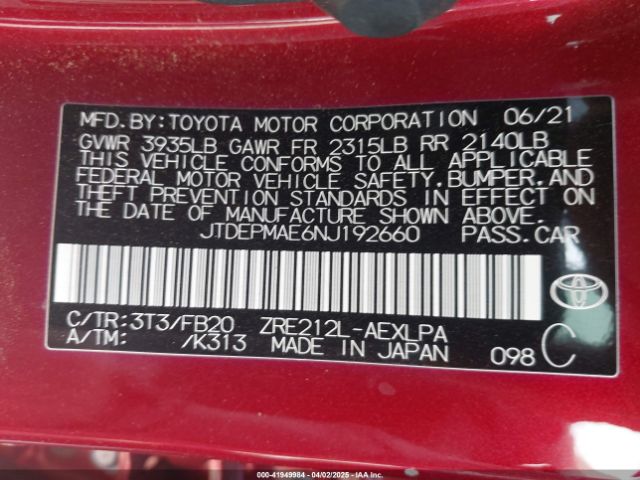 JTDEPMAE6NJ192660 Toyota COROLLA LE