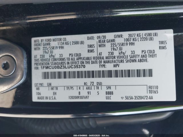 1FMCU0BZ3LUC35370 Ford Escape Se Sport Hybrid