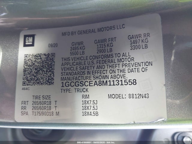 1GCGSCEA8M1131558 Chevrolet lcv - l4, sidi, dcvcp, vvt, e85 max , e0-e100, alum