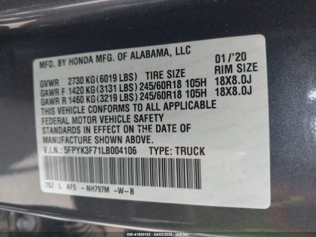 5FPYK3F71LB004106 Honda Ridgeline Rtl-e