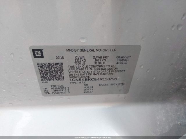 1GNSKBKC9KR158798 Chevrolet l83 - spark ignited direct injection, variable valve timing, afm, e85 max, alum