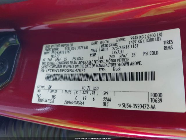 1FTEW1EP0GKE47071 Ford F-150 Xlt