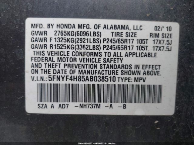 2010 HONDA PILOT 5FNYF4H85AB038510 Photo 8