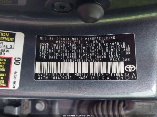 5YFBURHE4GP478701 Toyota COROLLA LE