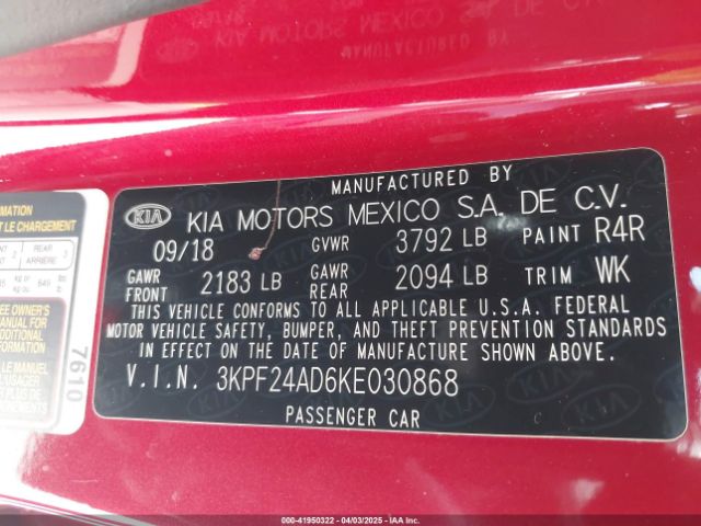 3KPF24AD6KE030868 KIA Forte Lxs