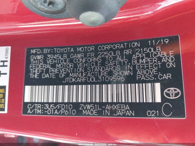 JTDKARFU0L3109596 Toyota Prius Le