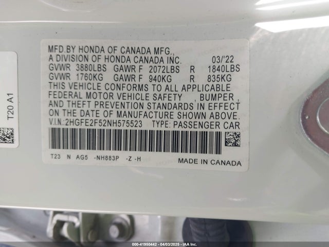 2HGFE2F52NH575523 Honda Civic Sport