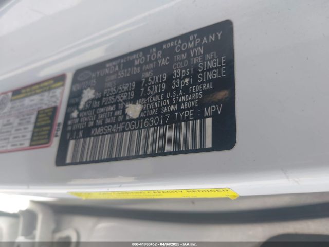 KM8SR4HF0GU163017 Hyundai Santa Fe Se