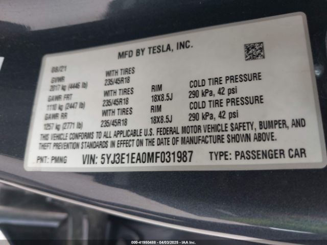5YJ3E1EA0MF031987 Tesla Model 3 Standard Range Plus Rear-wheel Drive