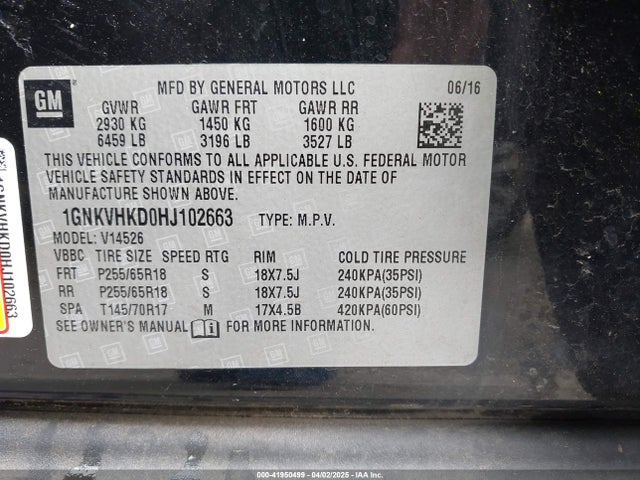 1GNKVHKD0HJ102663 Chevrolet Traverse 2lt