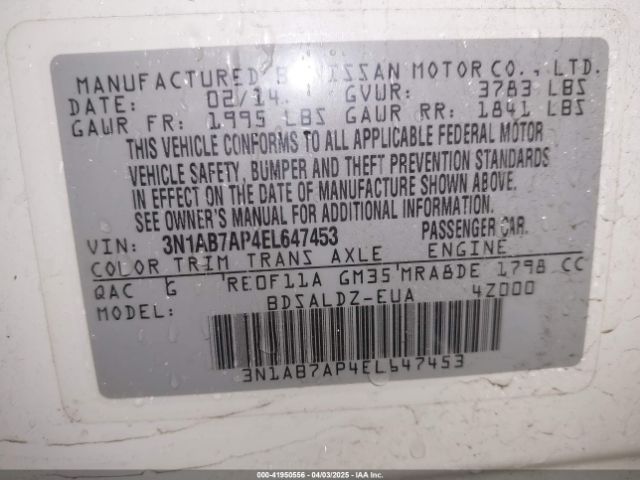 3N1AB7AP4EL647453 Nissan Sentra Fe+ S/fe+ Sv/s/sl/sr/sv