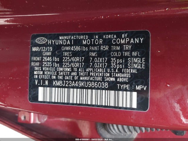 KM8J23A49KU986038 Hyundai TUCSON SE