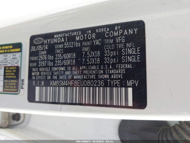 KM8SM4HF8EU080236 Hyundai Santa Fe Gls