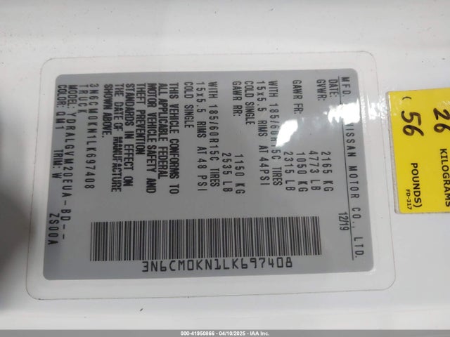 3N6CM0KN1LK697408 Nissan Nv200  Cargo Sv Xtronic Cvt