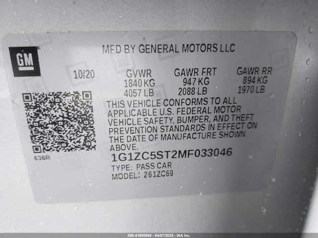 1G1ZC5ST2MF033046 Chevrolet Malibu Fwd 1fl