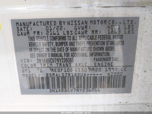 3N1AB8CV7NY236066 Nissan Sentra Sv Xtronic Cvt